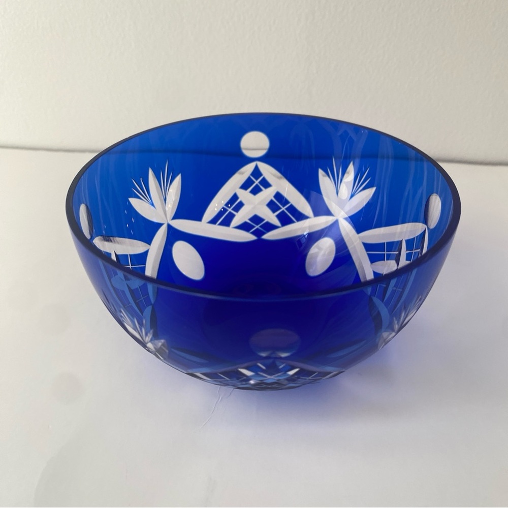 Vintage Cobalt Blue Cut-to-Clear Glass Bowl, 4.5 Inch Diameter
